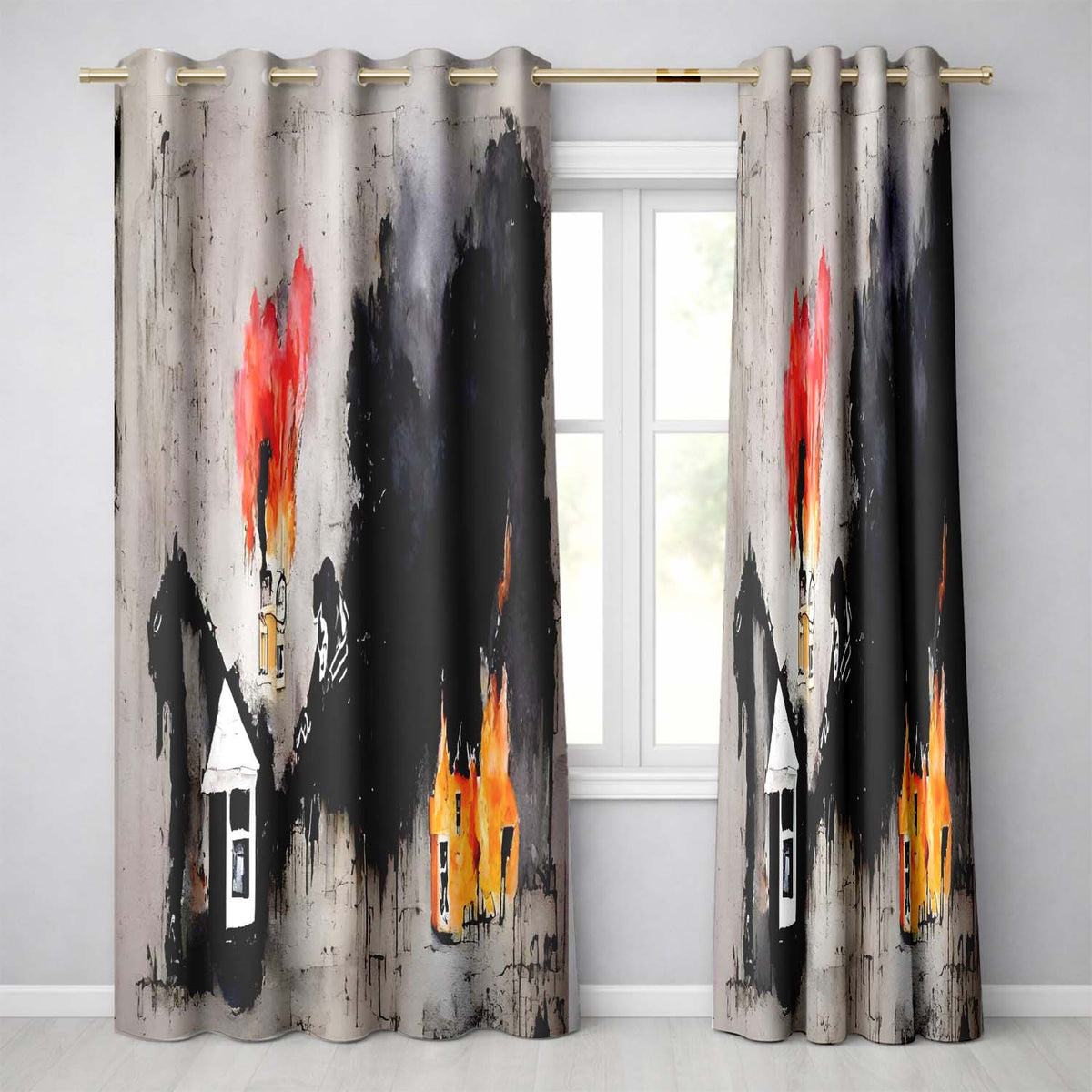 Burning Houses Anti War Street Art Creative Striking Design for Modern Home Decor Readymade Eyelet Ring Top Thermal 100% Blackout Curtains