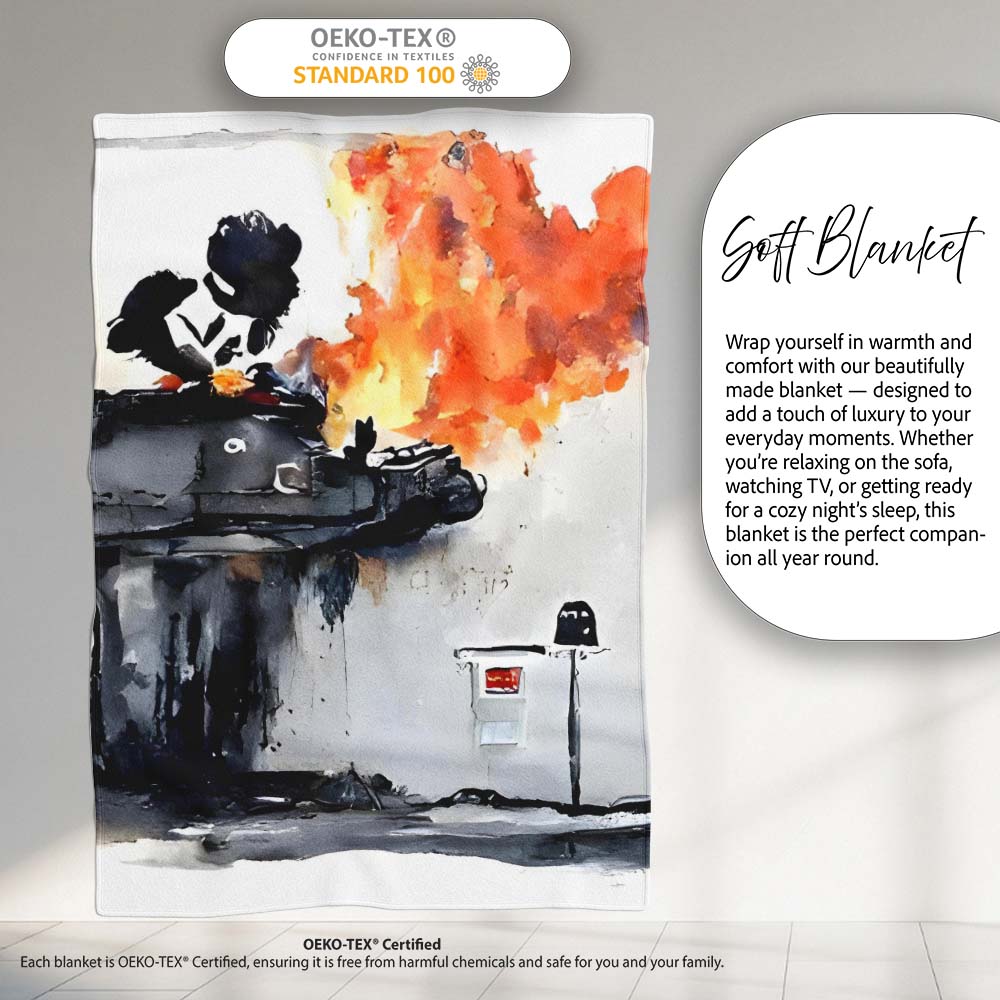 Burning Tank Anti War Graffiti, Cozy Home Decor, Bedroom Living Room Accent, All Season Comfort - Super Soft Fleece Blanket Bed Sofa Throw