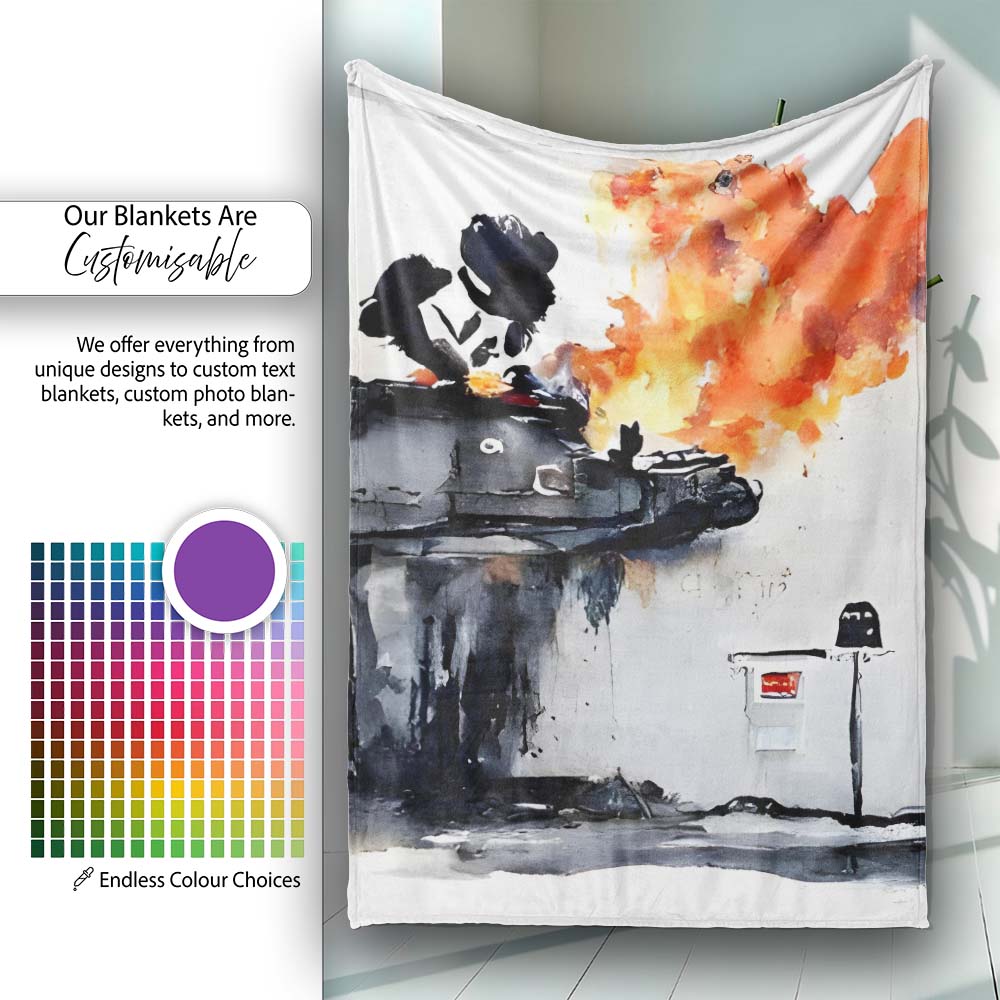 Burning Tank Anti War Graffiti, Cozy Home Decor, Bedroom Living Room Accent, All Season Comfort - Super Soft Fleece Blanket Bed Sofa Throw