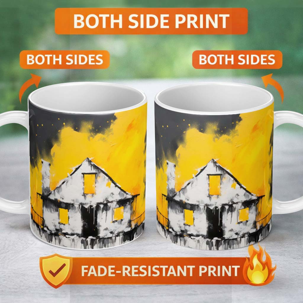 Child Painting Burnt House Street Art 11oz Ceramic Coffee Tea Mug White Large Handle