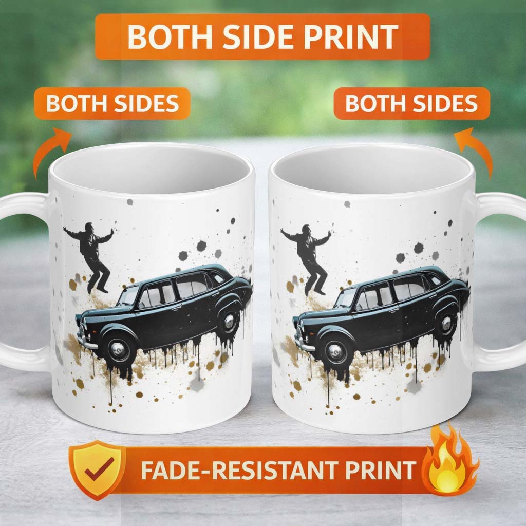 Man Dancing on Classic Black Car Street Art 11oz Ceramic Coffee Tea Mug White Large Handle