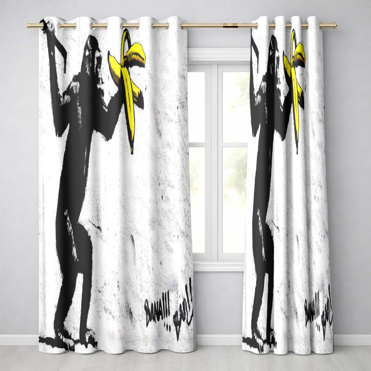 Monkey Holding Banana Urban Graffiti Vibrant Elegant Design for Modern Home Decor Readymade Eyelet Ring Top Thermal 100% Blackout Curtains