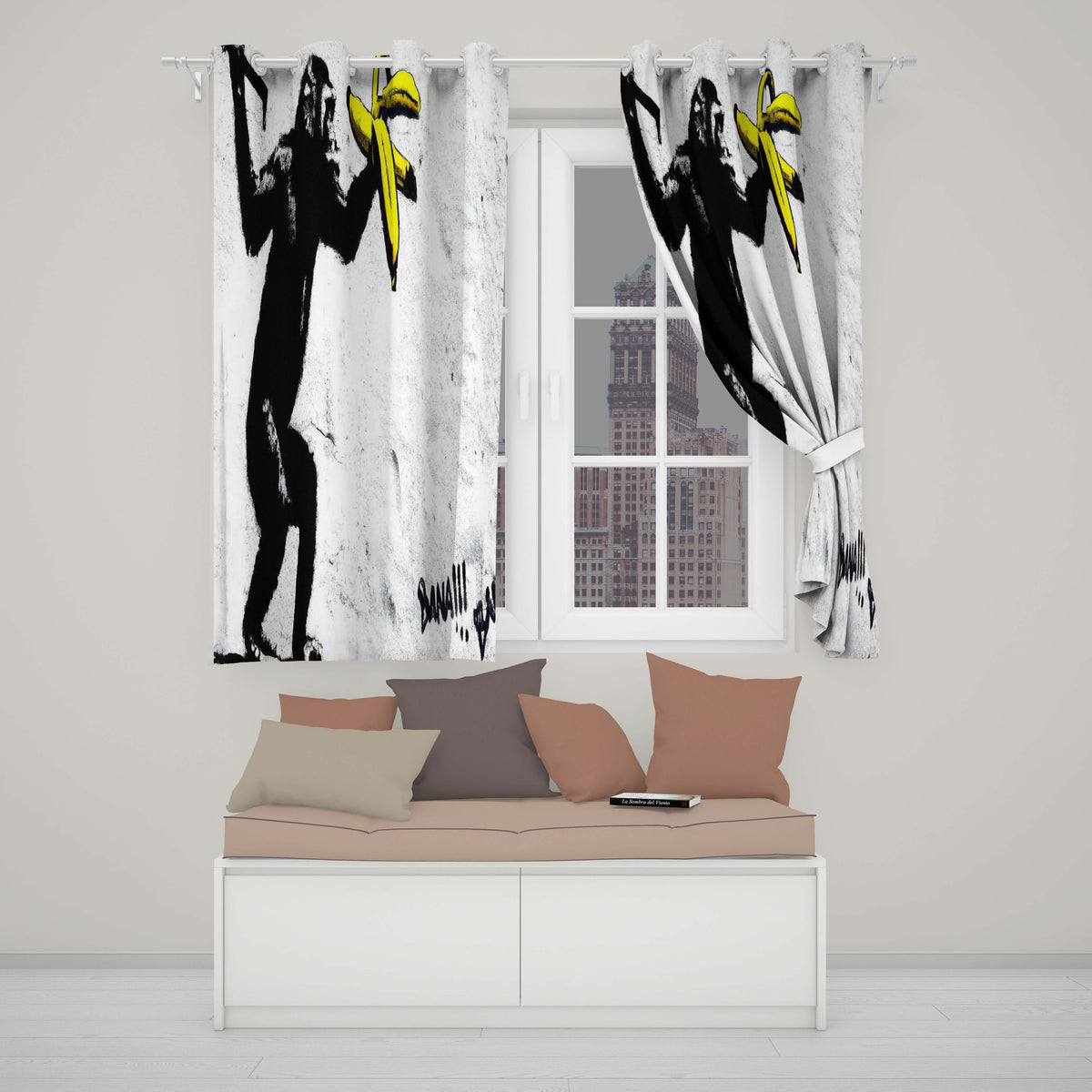 Monkey Holding Banana Urban Graffiti Vibrant Elegant Design for Modern Home Decor Readymade Eyelet Ring Top Thermal 100% Blackout Curtains