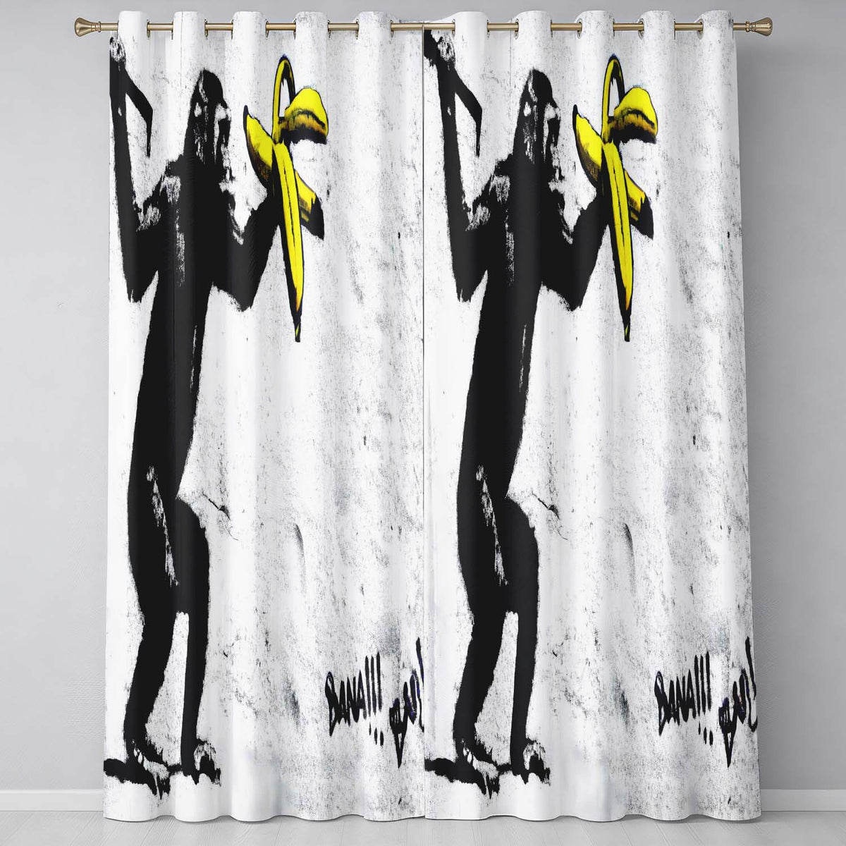 Monkey Holding Banana Urban Graffiti Vibrant Elegant Design for Modern Home Decor Readymade Eyelet Ring Top Thermal 100% Blackout Curtains