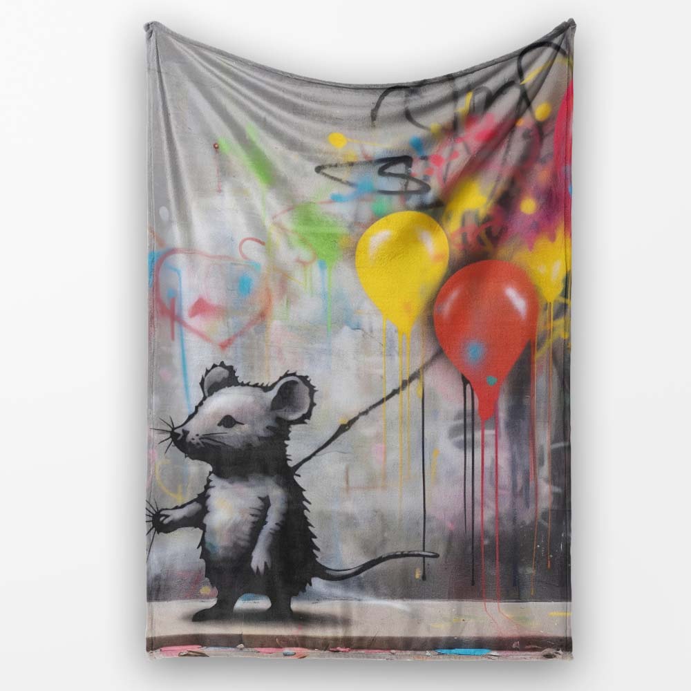 Mouse Holding Colourful Balloons Street Art, Bedroom Living Room Accent, Unique Artistic Design - Super Soft Fleece Blanket Bed Sofa Throw