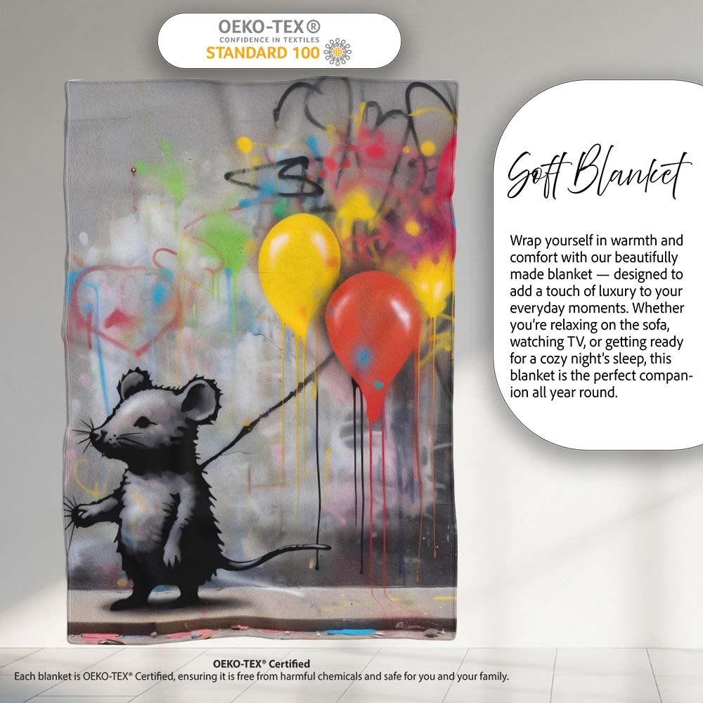 Mouse Holding Colourful Balloons Street Art, Bedroom Living Room Accent, Unique Artistic Design - Super Soft Fleece Blanket Bed Sofa Throw