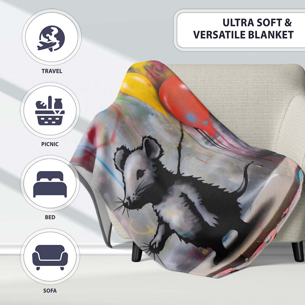 Mouse Holding Colourful Balloons Street Art, Bedroom Living Room Accent, Unique Artistic Design - Super Soft Fleece Blanket Bed Sofa Throw