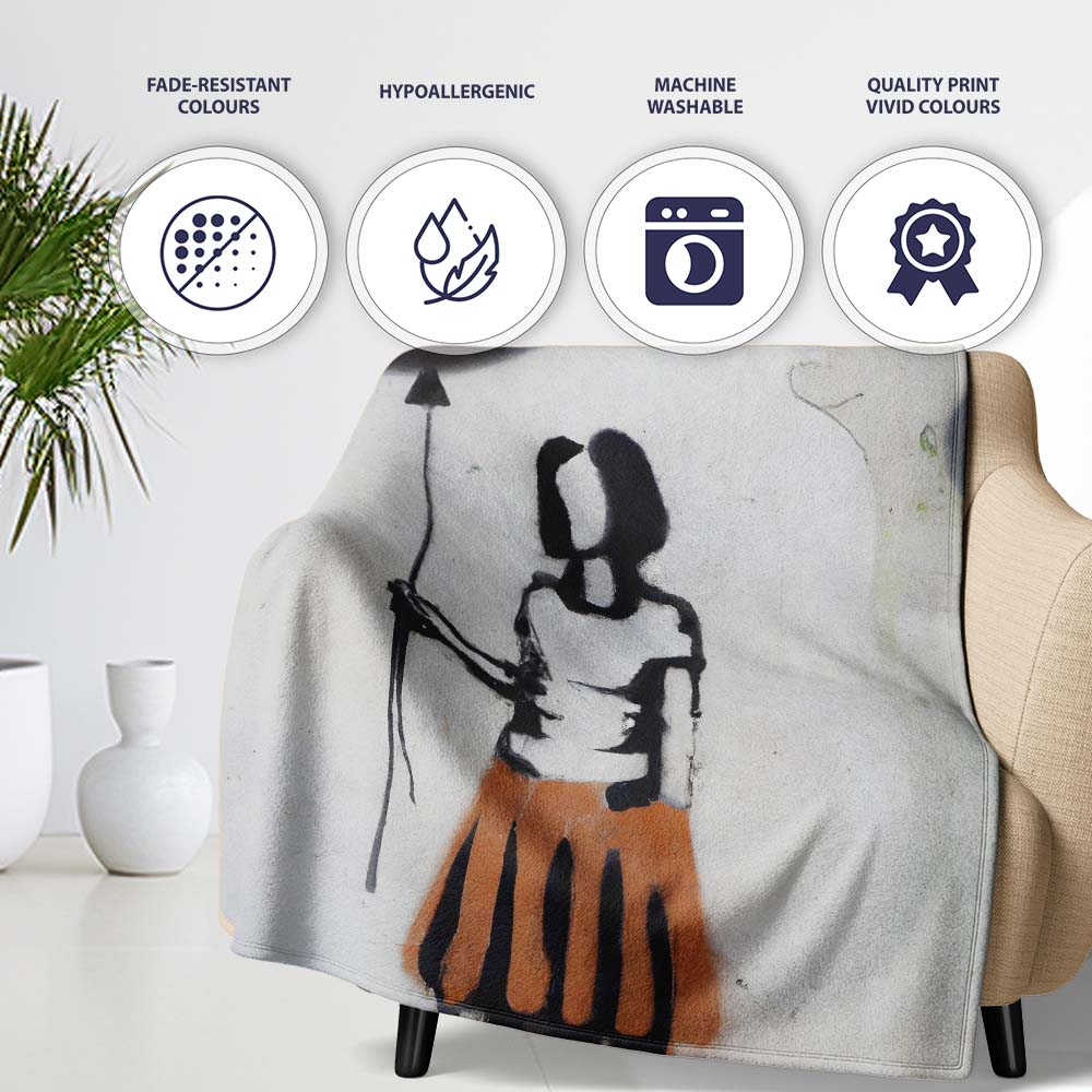 Girl Holding Black Balloon Minimalist Graffiti, Lightweight Warm Gift, Comfortable Everyday Use - Super Soft Fleece Blanket Bed Sofa Throw