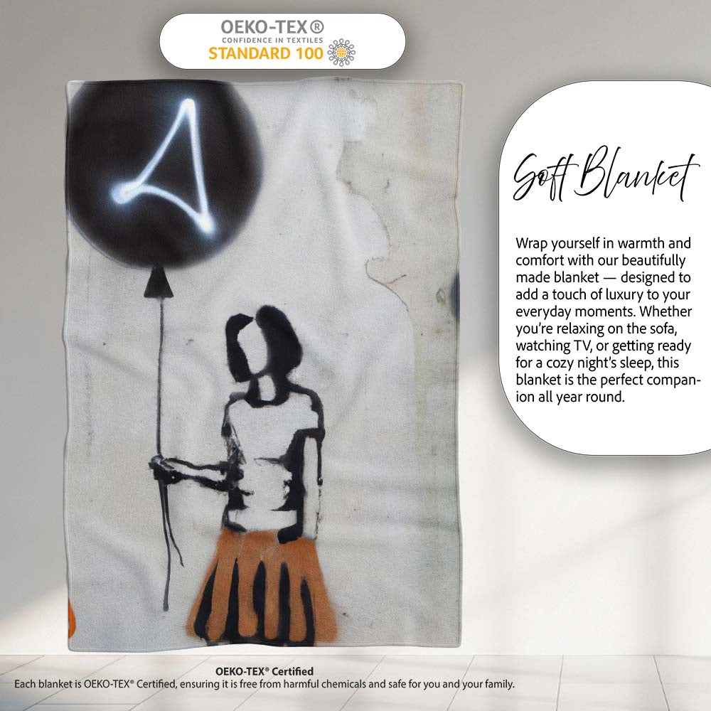 Girl Holding Black Balloon Minimalist Graffiti, Lightweight Warm Gift, Comfortable Everyday Use - Super Soft Fleece Blanket Bed Sofa Throw