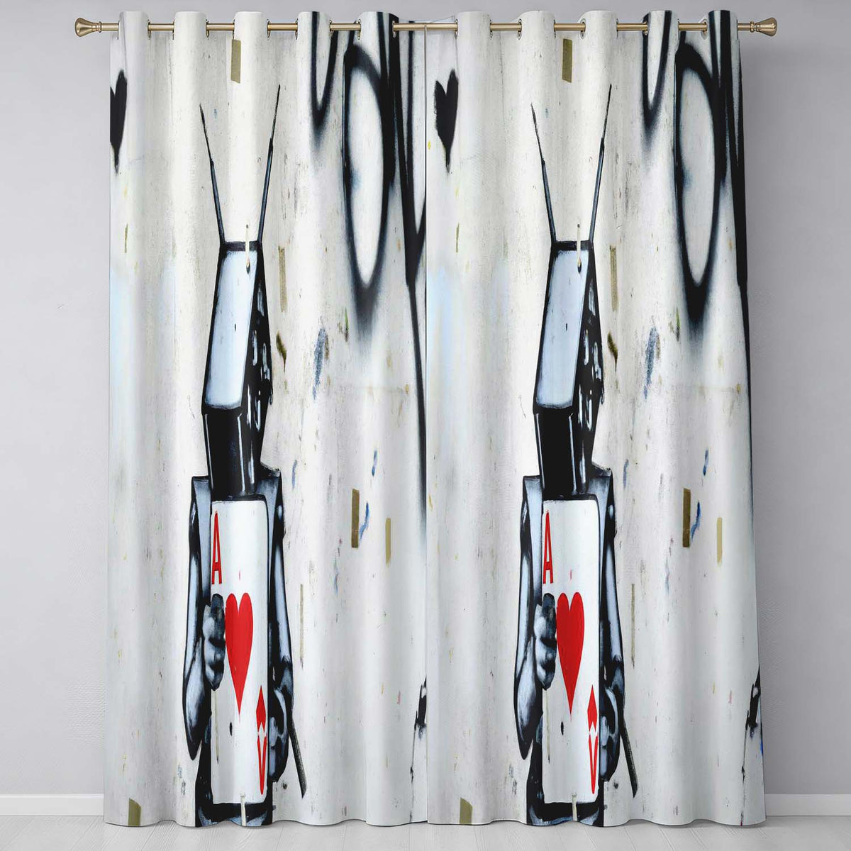 Robot Holding Ace of Hearts Playing Card Street Art Stylish Design for Home Decor Readymade Eyelet Ring Top Thermal 100% Blackout Curtains