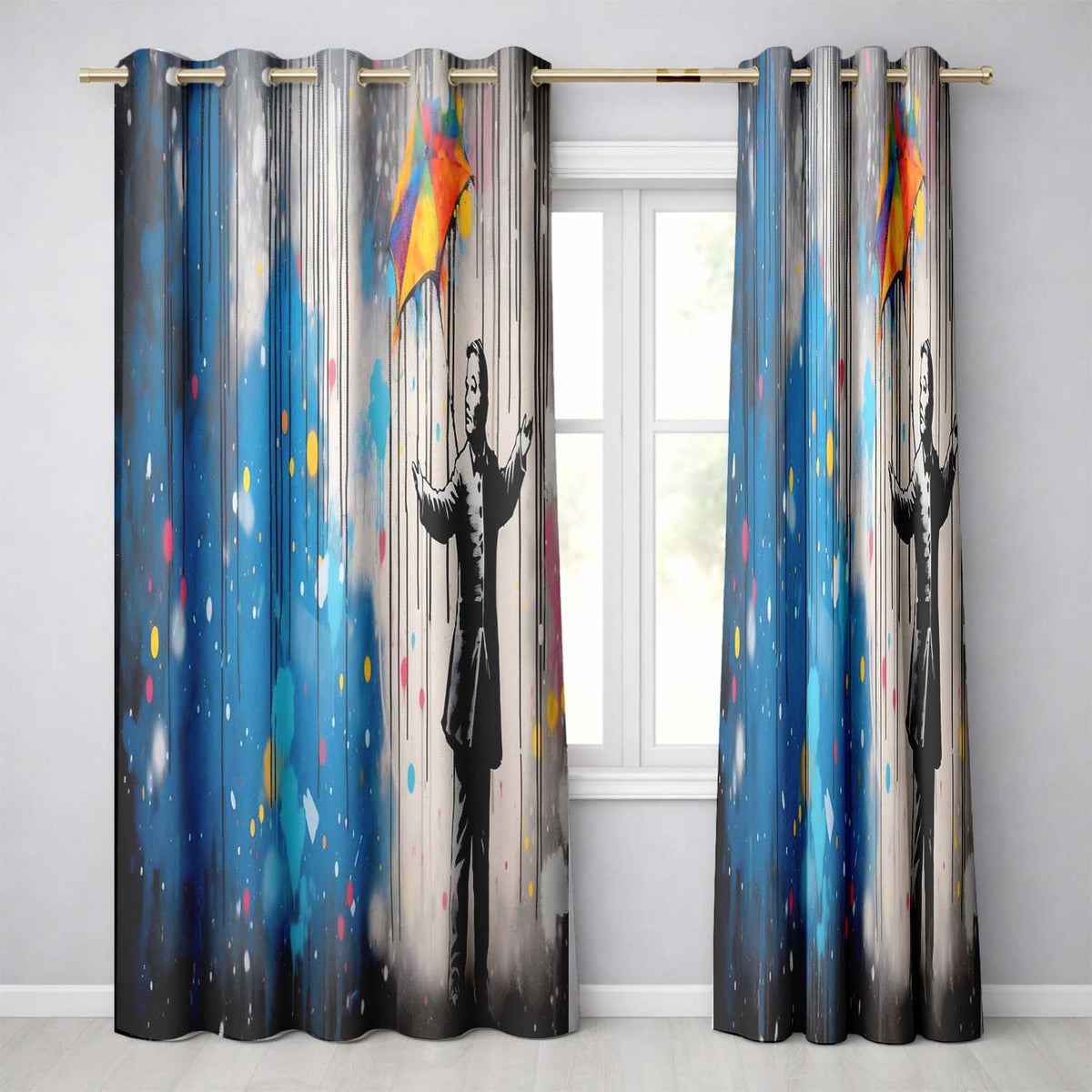 Man with Rainbow Umbrella in the Rain Graffiti Striking Artwork for Bedroom Decor Readymade Eyelet Ring Top Thermal 100% Blackout Curtains