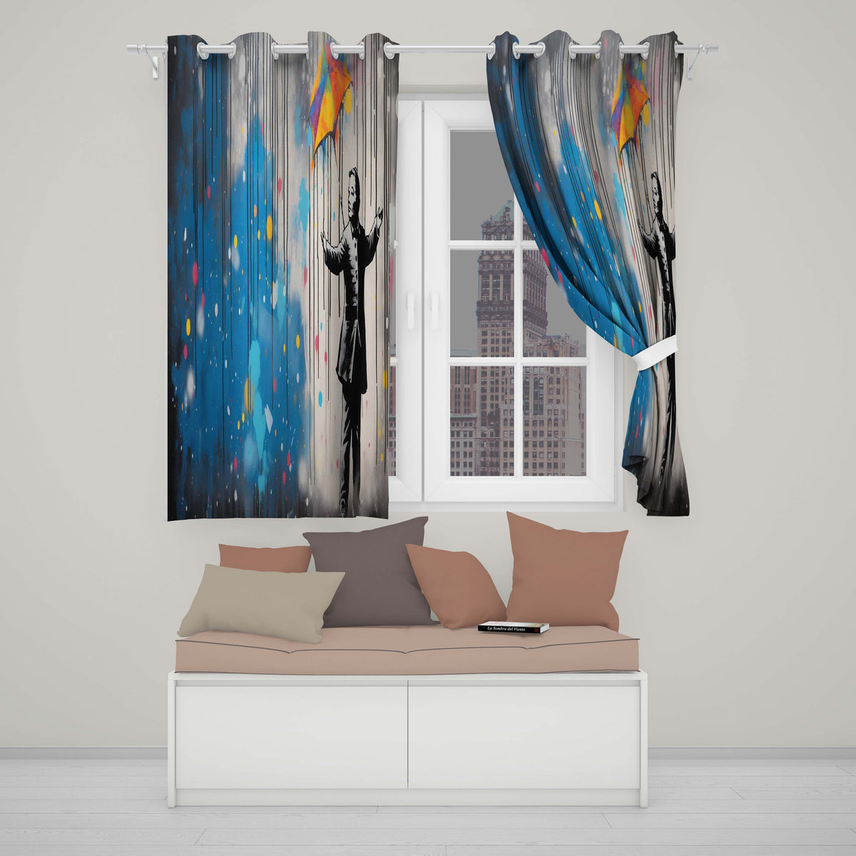 Man with Rainbow Umbrella in the Rain Graffiti Striking Artwork for Bedroom Decor Readymade Eyelet Ring Top Thermal 100% Blackout Curtains