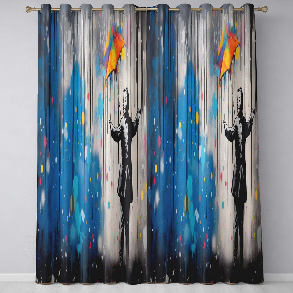 Man with Rainbow Umbrella in the Rain Graffiti Striking Artwork for Bedroom Decor Readymade Eyelet Ring Top Thermal 100% Blackout Curtains