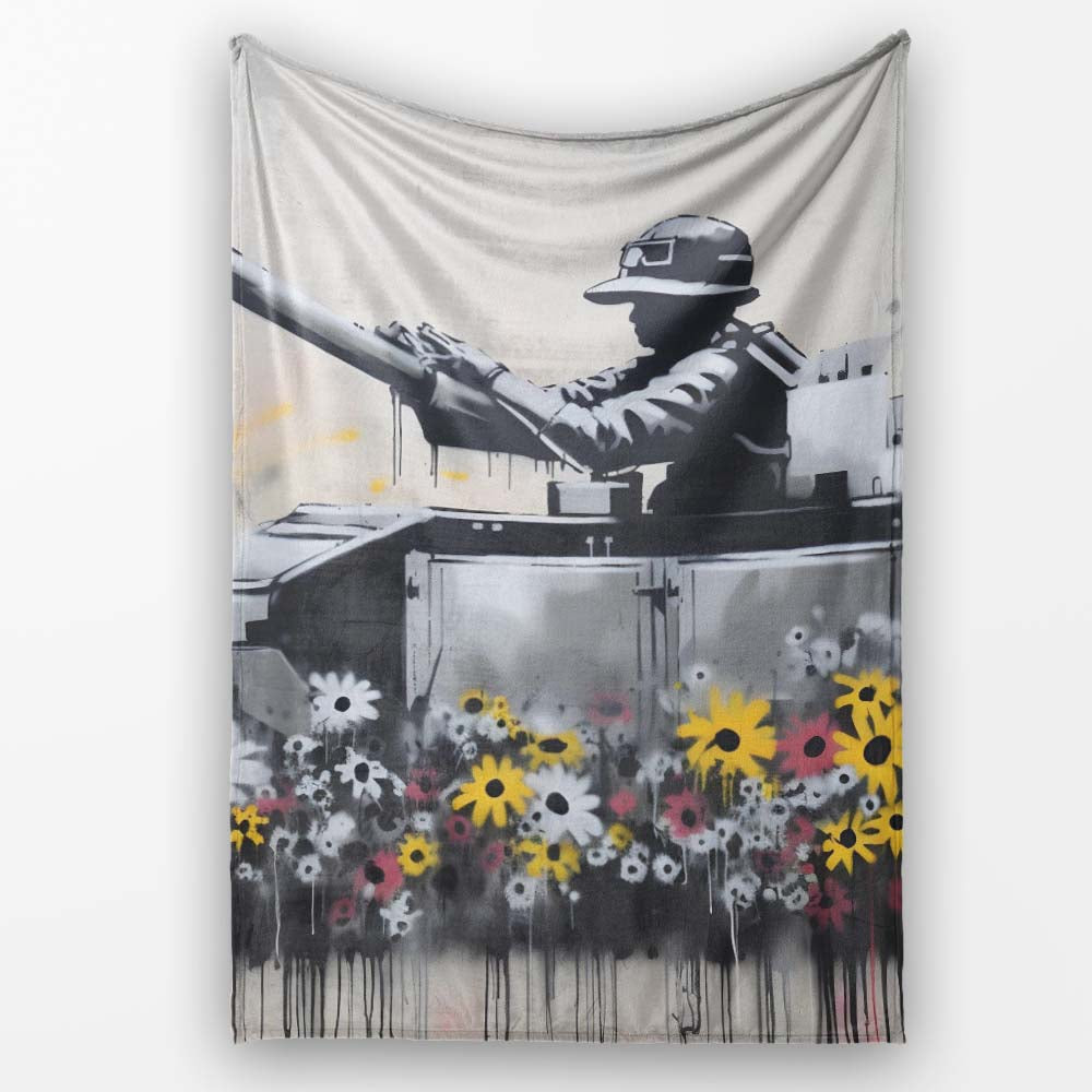 Tank Surrounded by Wildflowers Anti War Street Art, All Season Comfort, Stylish Room Decoration - Super Soft Fleece Blanket Bed Sofa Throw
