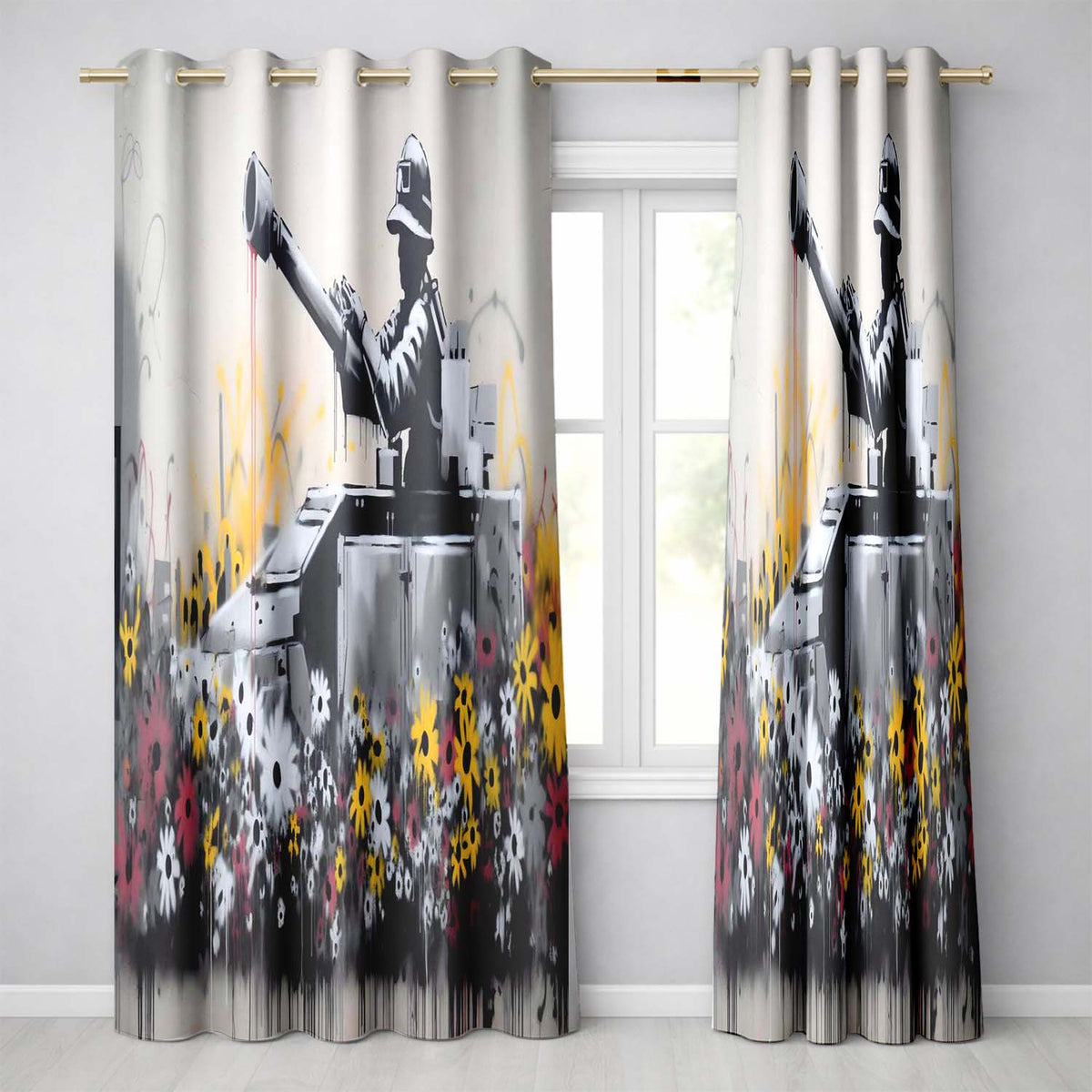 Tank Surrounded by Wildflowers Anti War Street Art Expressive Wall Art Home Decor Readymade Eyelet Ring Top Thermal 100% Blackout Curtains