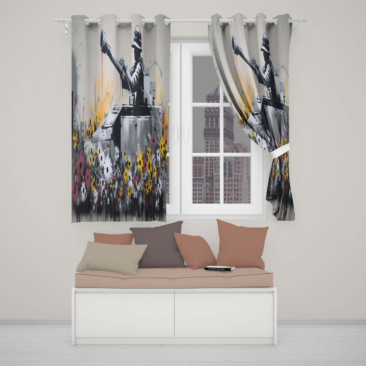 Tank Surrounded by Wildflowers Anti War Street Art Expressive Wall Art Home Decor Readymade Eyelet Ring Top Thermal 100% Blackout Curtains