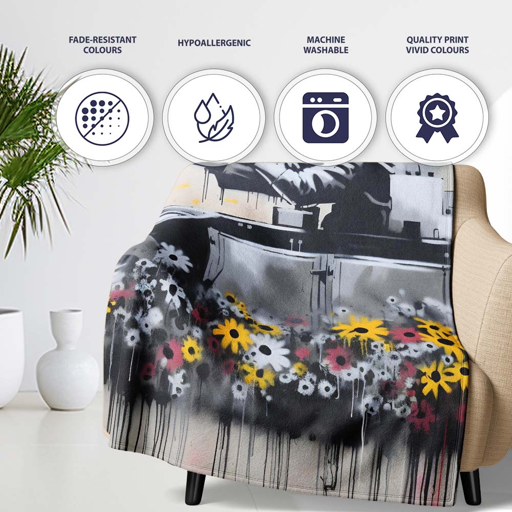 Tank Surrounded by Wildflowers Anti War Street Art, All Season Comfort, Stylish Room Decoration - Super Soft Fleece Blanket Bed Sofa Throw
