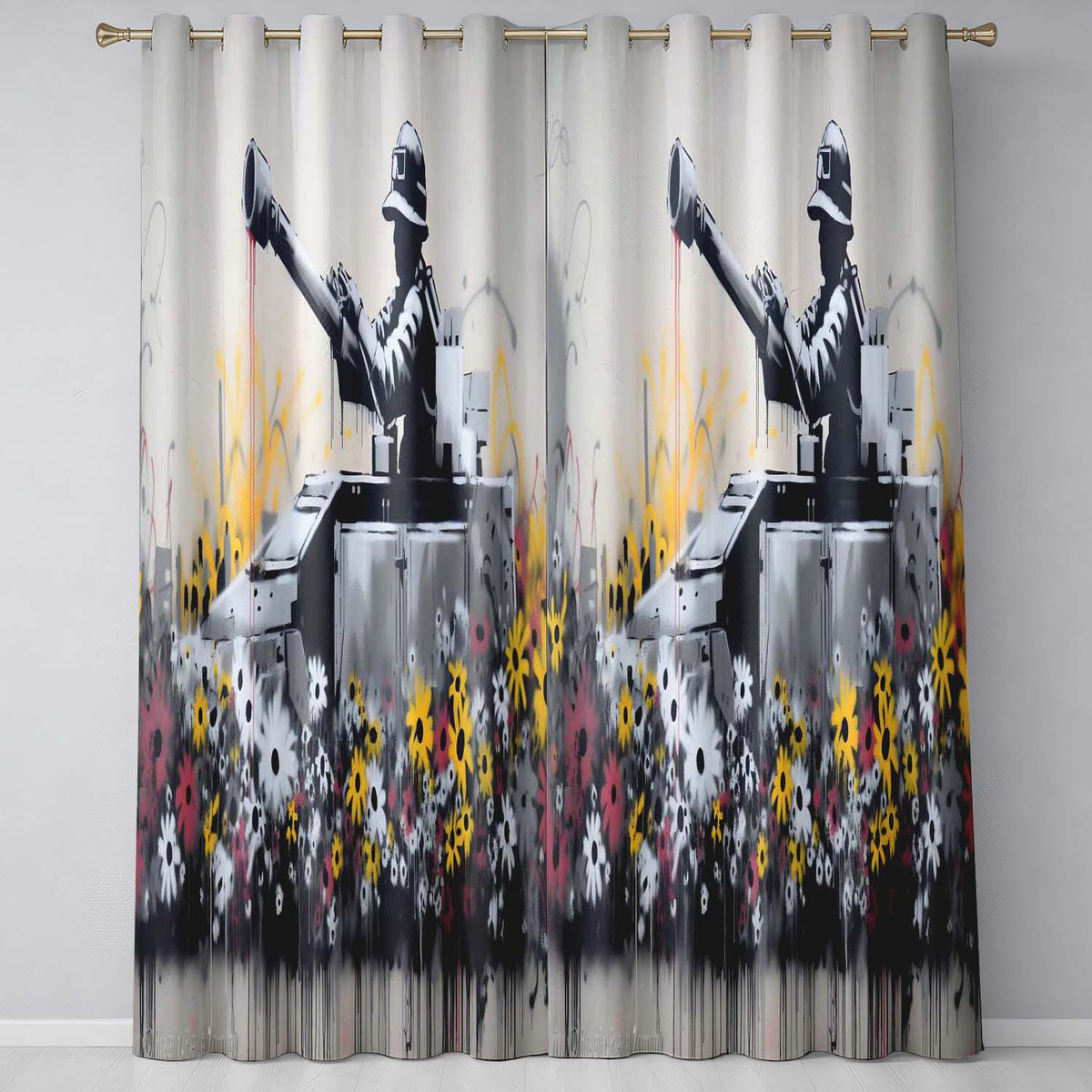Tank Surrounded by Wildflowers Anti War Street Art Expressive Wall Art Home Decor Readymade Eyelet Ring Top Thermal 100% Blackout Curtains