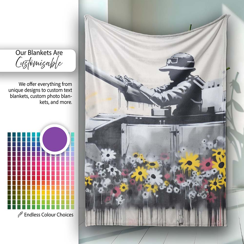 Tank Surrounded by Wildflowers Anti War Street Art, All Season Comfort, Stylish Room Decoration - Super Soft Fleece Blanket Bed Sofa Throw