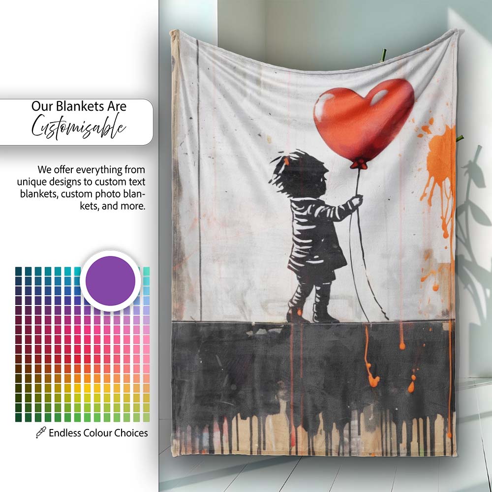 Little Girl Holding Red Heart Balloon Graffiti, Lightweight Warm Gift, Comfortable Everyday Use - Super Soft Fleece Blanket Bed Sofa Throw