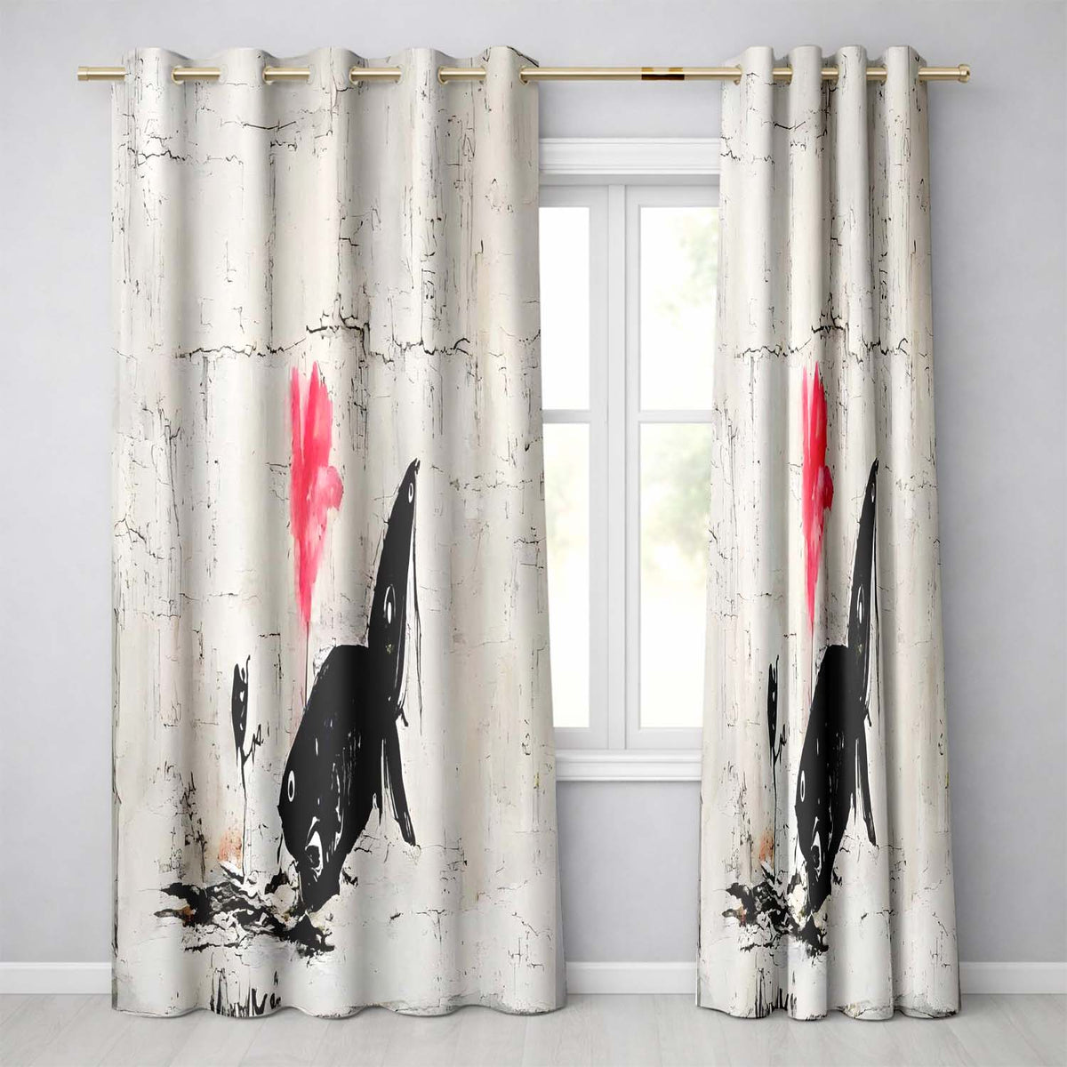 Large Fish and Little Girl with Pink Flower Street Art Modern Artistic Home Decor Readymade Eyelet Ring Top Thermal 100% Blackout Curtains