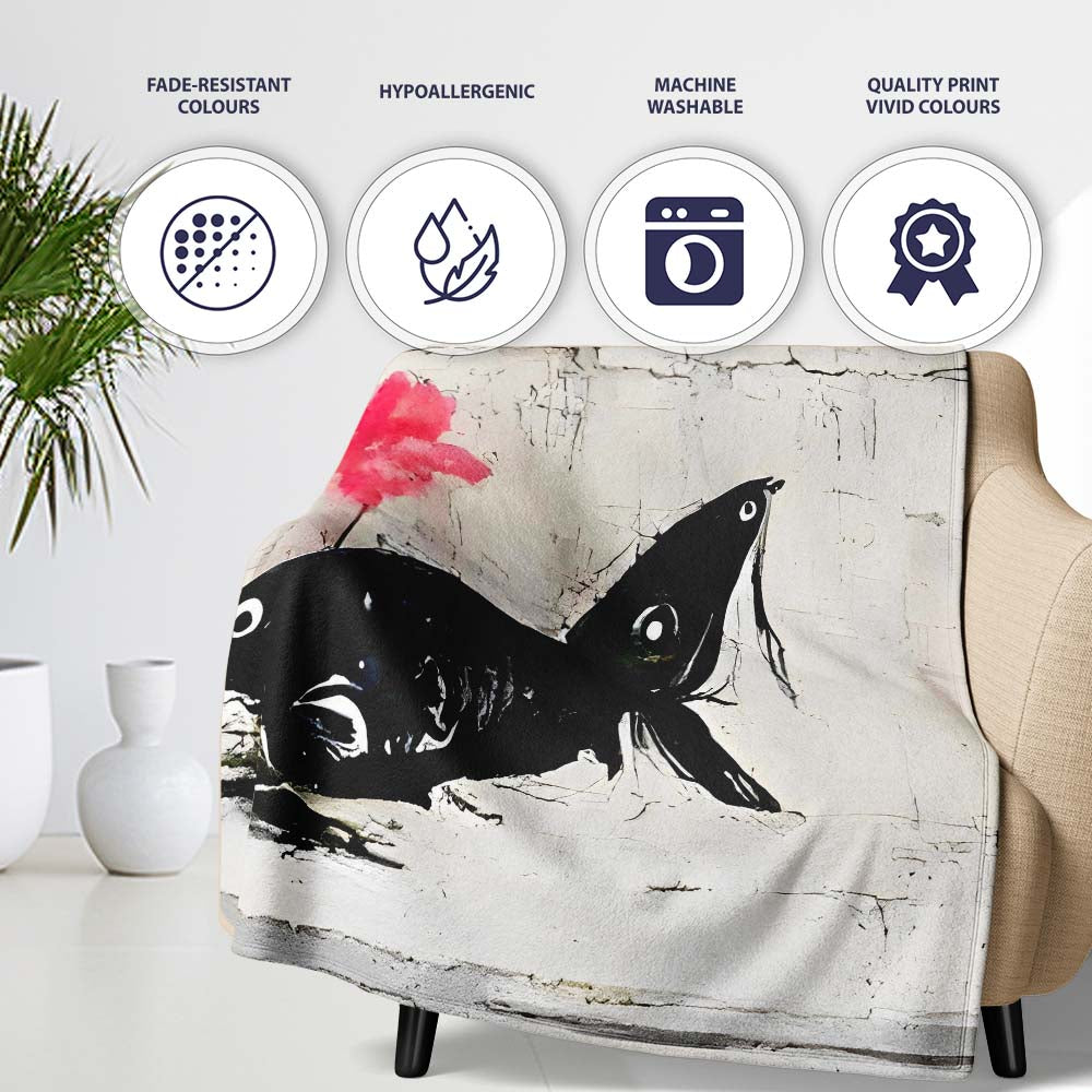 Large Fish and Little Girl with Pink Flower Street Art, Decorative Comfortable Everyday Comfort - Super Soft Fleece Blanket Bed Sofa Throw