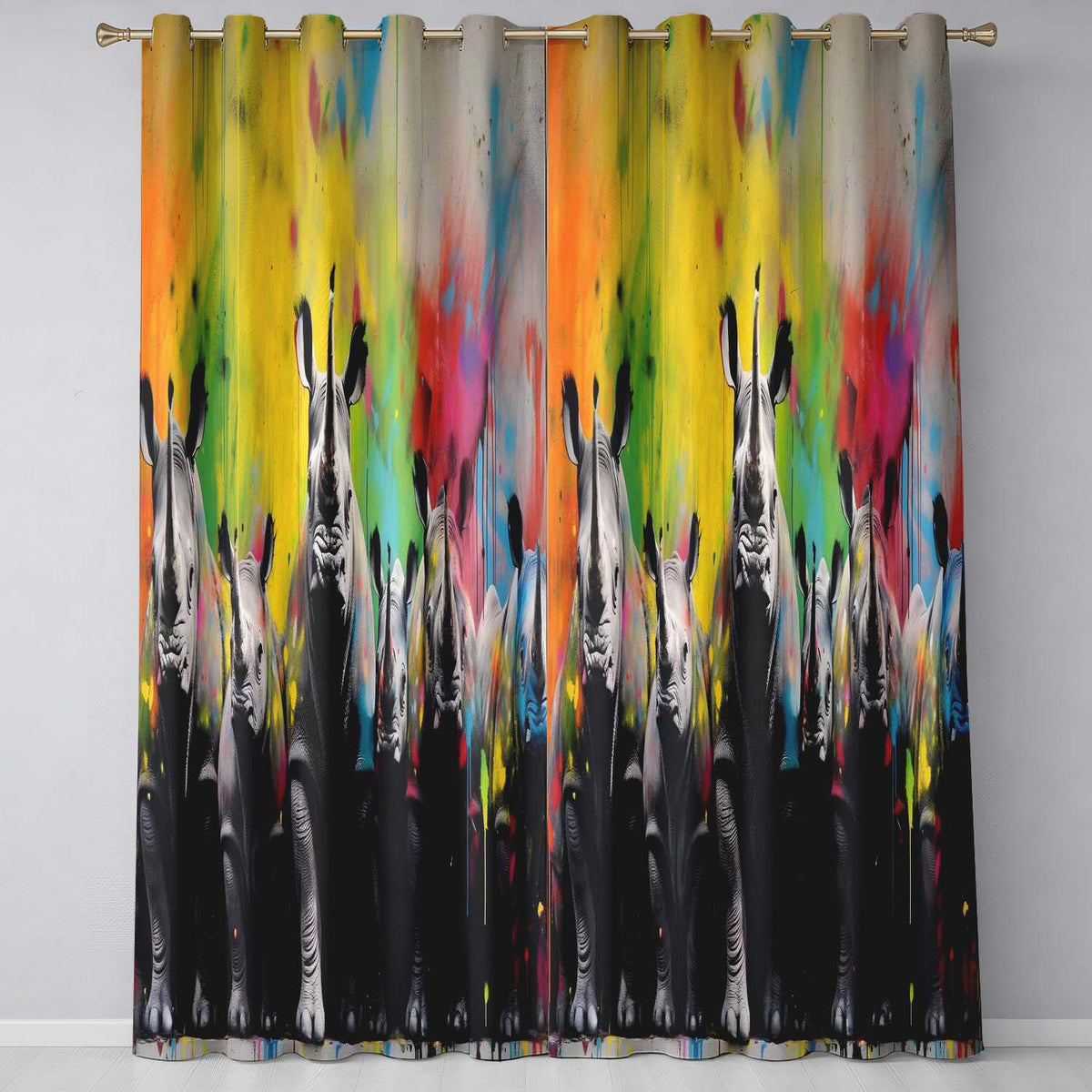 Colour Splash Rhino Family Portrait Urban Graffiti Artistic Design for Home Decor Readymade Eyelet Ring Top Thermal 100% Blackout Curtains