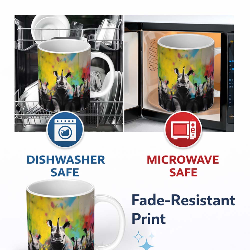 Colour Splash Rhino Family Portrait Urban Graffiti 11oz Ceramic Coffee Tea Mug White Large Handle