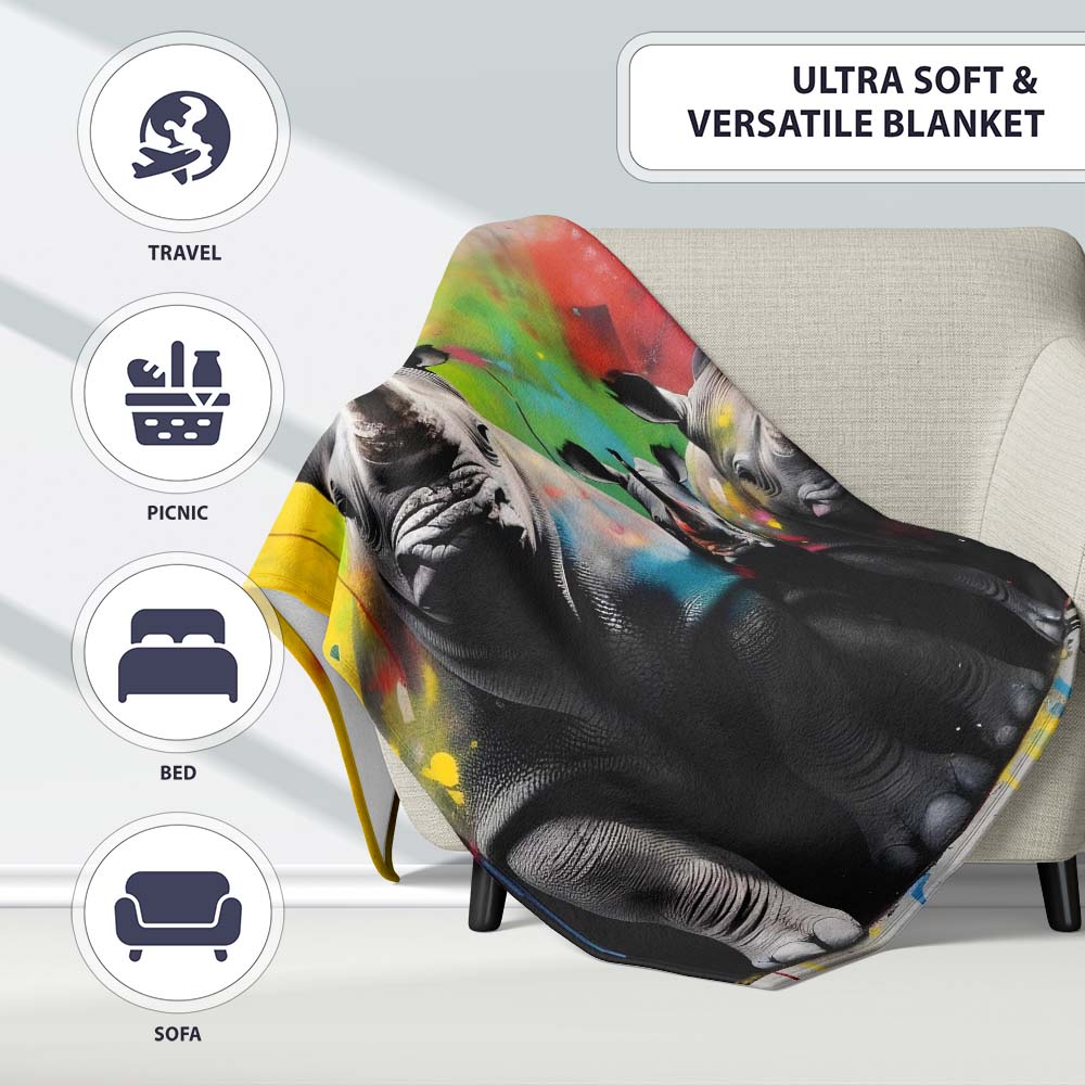 Colour Splash Rhino Family Portrait Urban Graffiti, All Season Comfort, Stylish Room Decoration - Super Soft Fleece Blanket Bed Sofa Throw