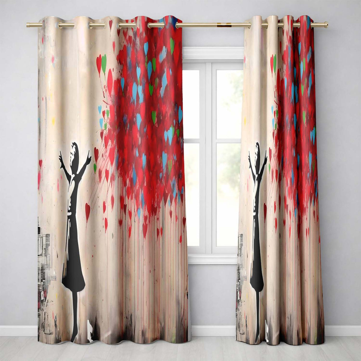 Girl Releasing Colourful Heart Balloons Street Art Striking Design for Home Decor Readymade Eyelet Ring Top Thermal 100% Blackout Curtains