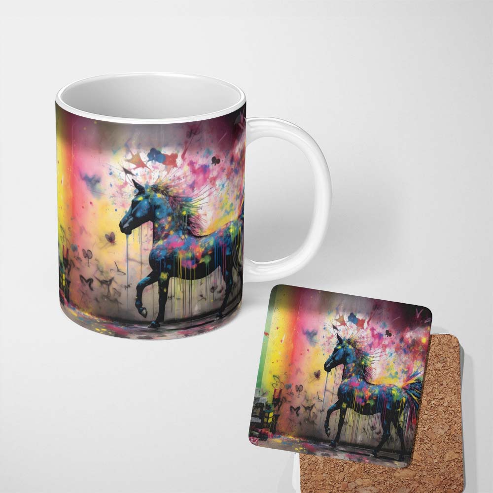 Rainbow Splash Horse Graffiti 11oz Ceramic Coffee Tea Mug White Large Handle