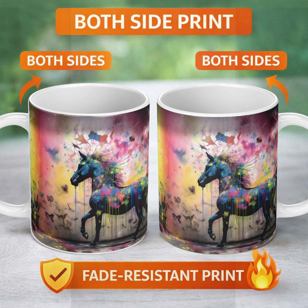 Rainbow Splash Horse Graffiti 11oz Ceramic Coffee Tea Mug White Large Handle