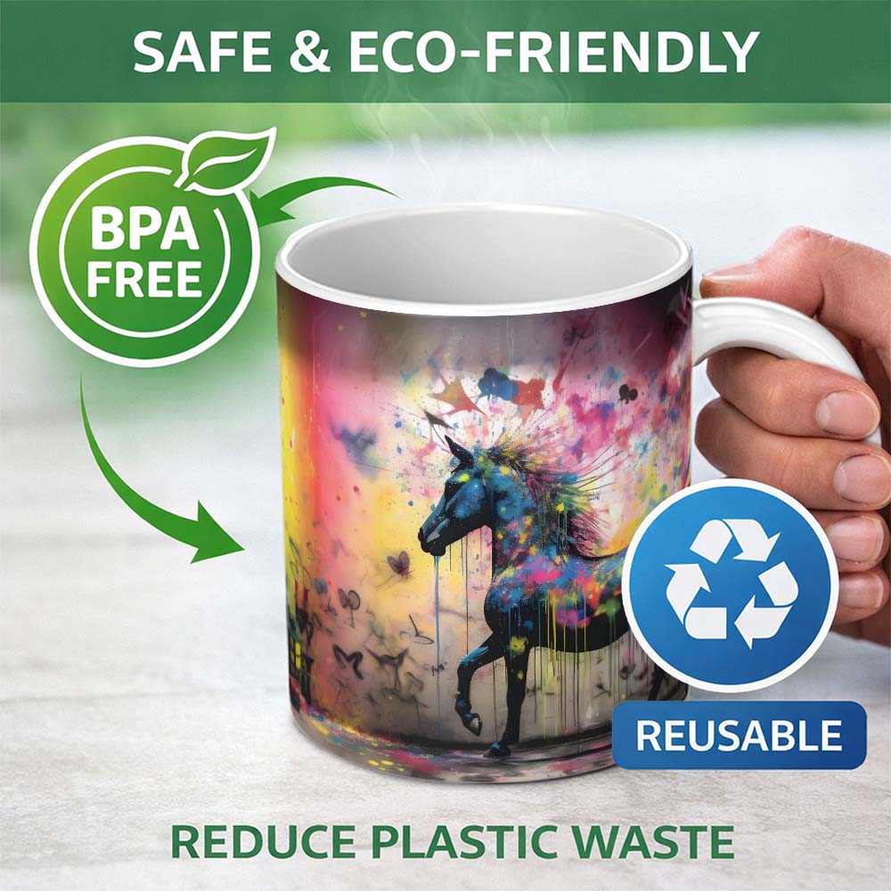 Rainbow Splash Horse Graffiti 11oz Ceramic Coffee Tea Mug White Large Handle