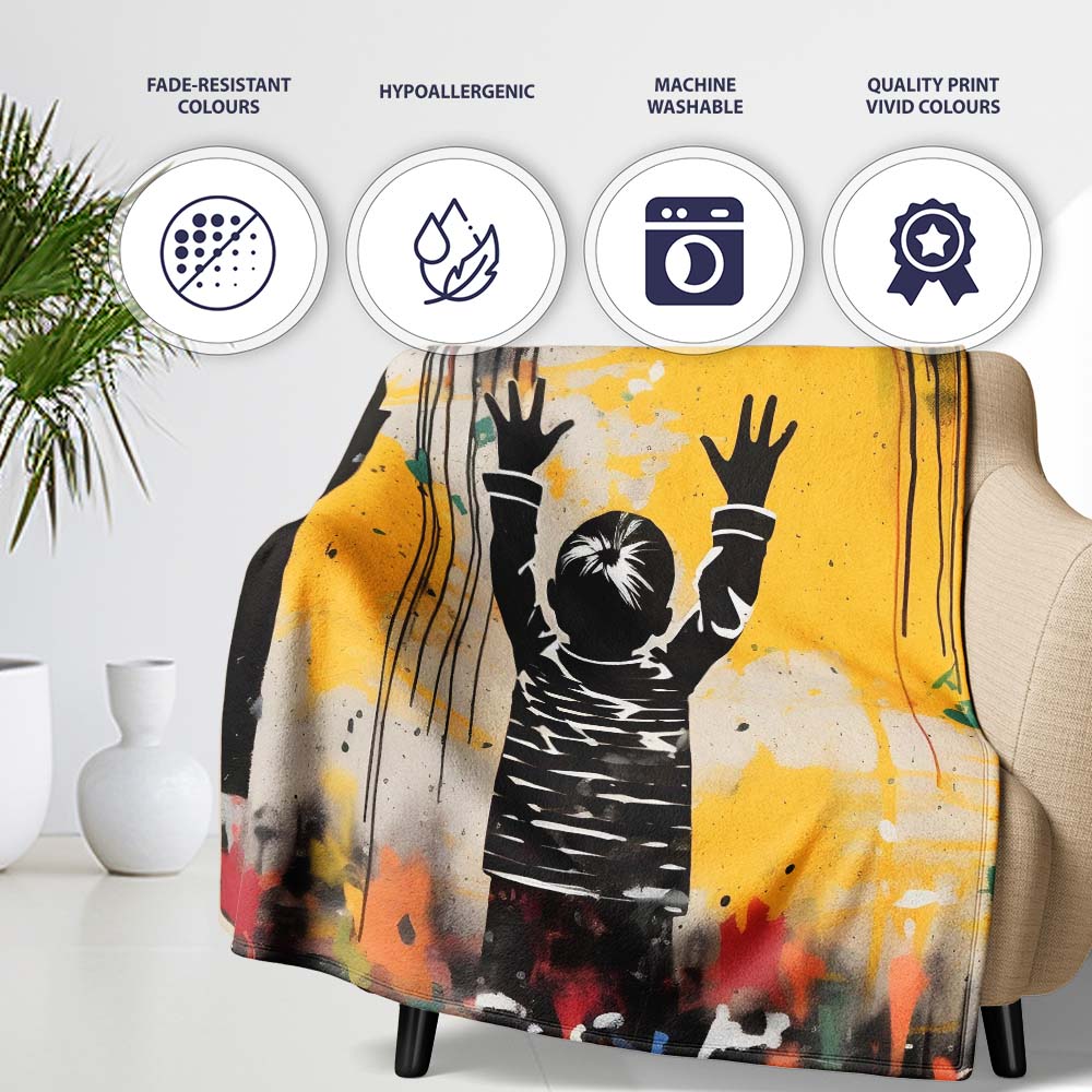 Children Reaching for Colourful Paint Drips Graffiti, Lightweight Comfortable Decorative Accent - Super Soft Fleece Blanket Bed Sofa Throw