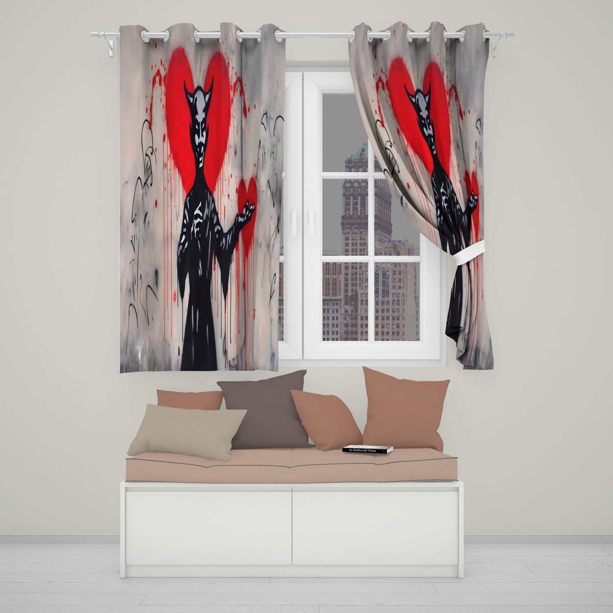 Devil Offering Red Heart Street Art Striking Elegant Design for Modern Home Decor Readymade Eyelet Ring Top Thermal 100% Blackout Curtains