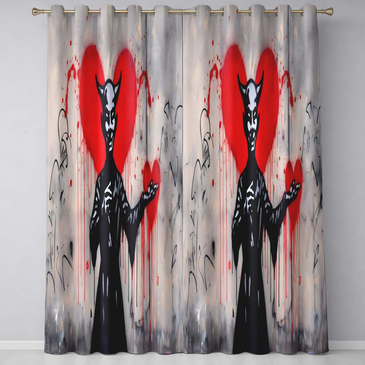 Devil Offering Red Heart Street Art Striking Elegant Design for Modern Home Decor Readymade Eyelet Ring Top Thermal 100% Blackout Curtains