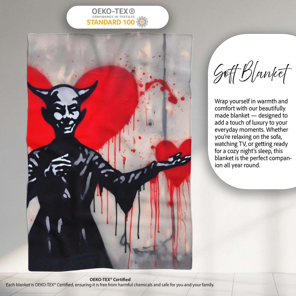 Devil Offering Red Heart Street Art, Cozy Home Decor, Lightweight Warm Gift, All Season Comfort - Super Soft Fleece Blanket Bed Sofa Throw