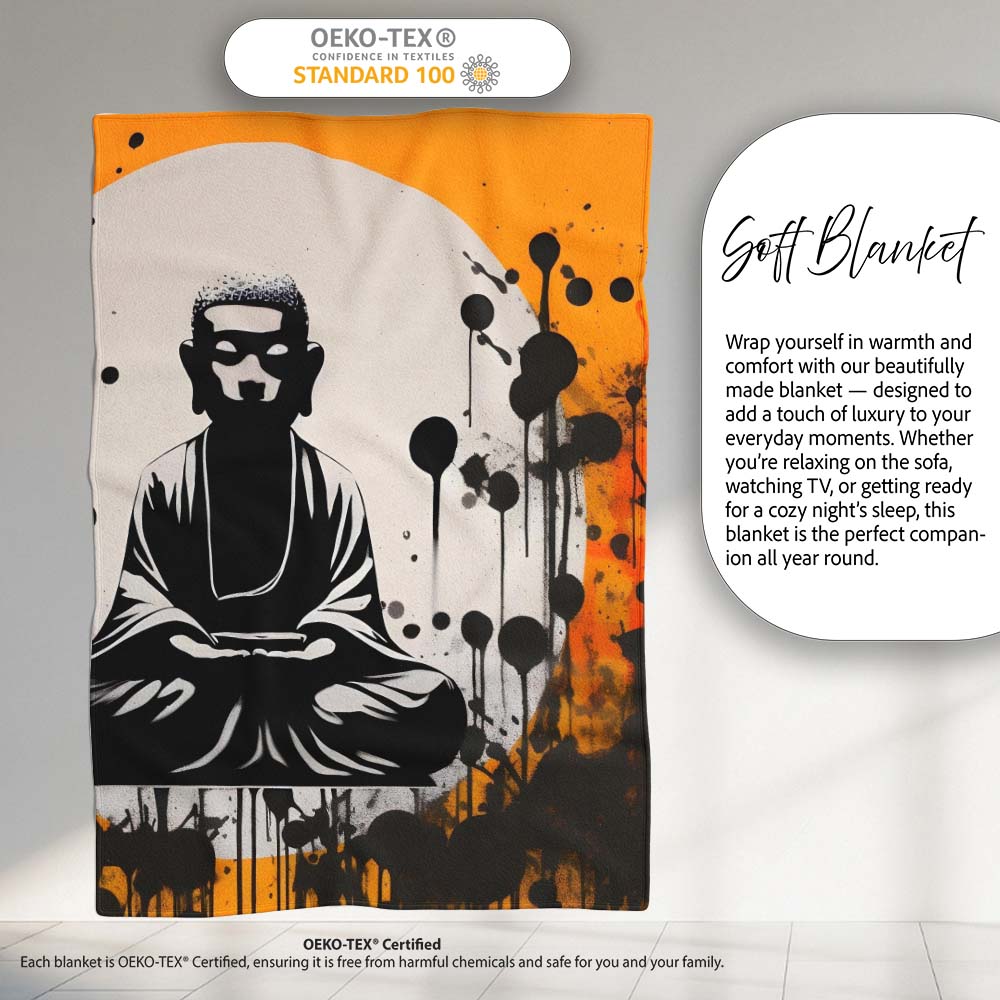 Zen Monk Meditation Graffiti, Cozy Home Decor, All Season Comfort, Thoughtful Housewarming Gift - Super Soft Fleece Blanket Bed Sofa Throw