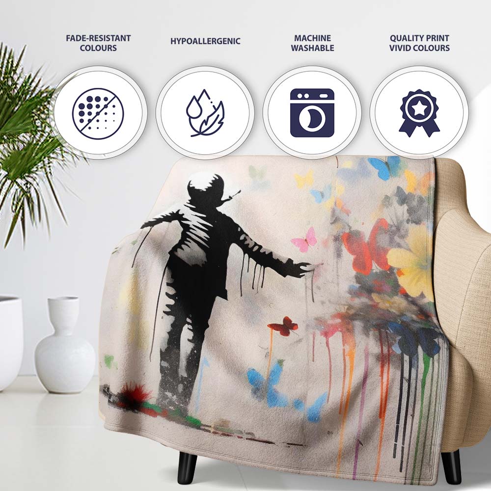 Child Surrounded by Butterflies and Wildflowers Street Art, Comfortable Premium All Season Gift - Super Soft Fleece Blanket Bed Sofa Throw