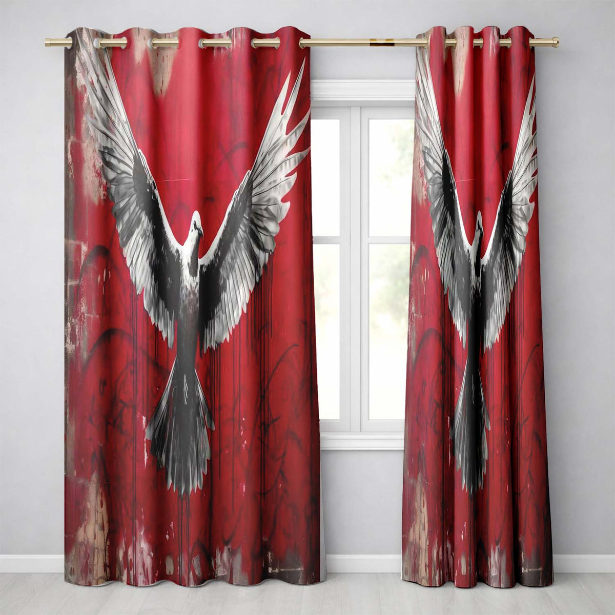 White Dove with Outstretched Wings Urban Graffiti Distinctive Wall Art Home Decor Readymade Eyelet Ring Top Thermal 100% Blackout Curtains