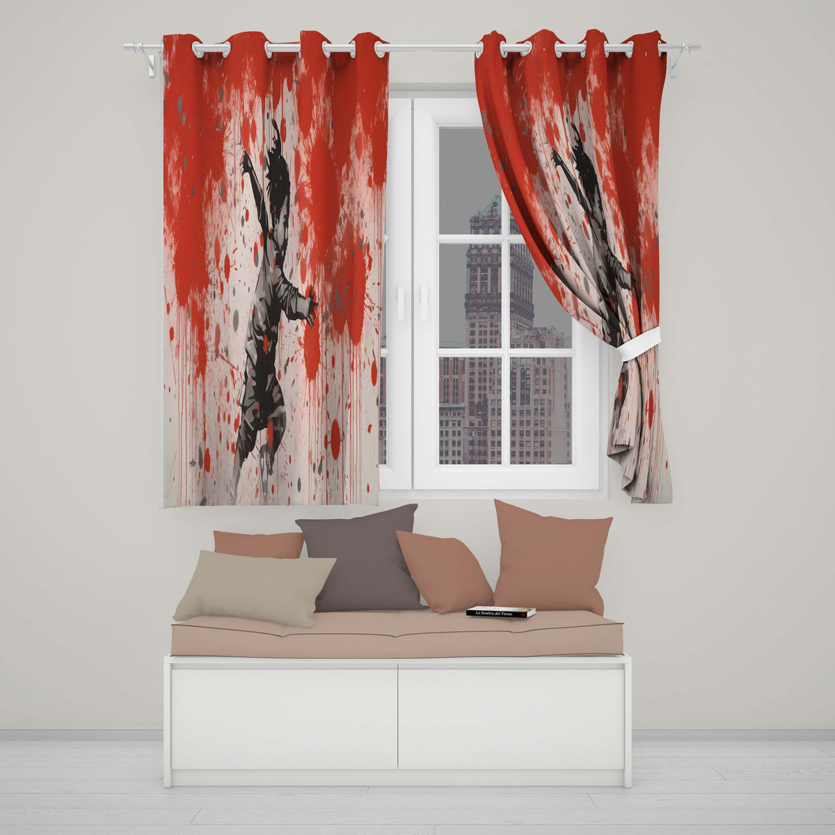 Running Child with Red Paint Splatter Street Art Unique Artwork for Bedroom Decor Readymade Eyelet Ring Top Thermal 100% Blackout Curtains