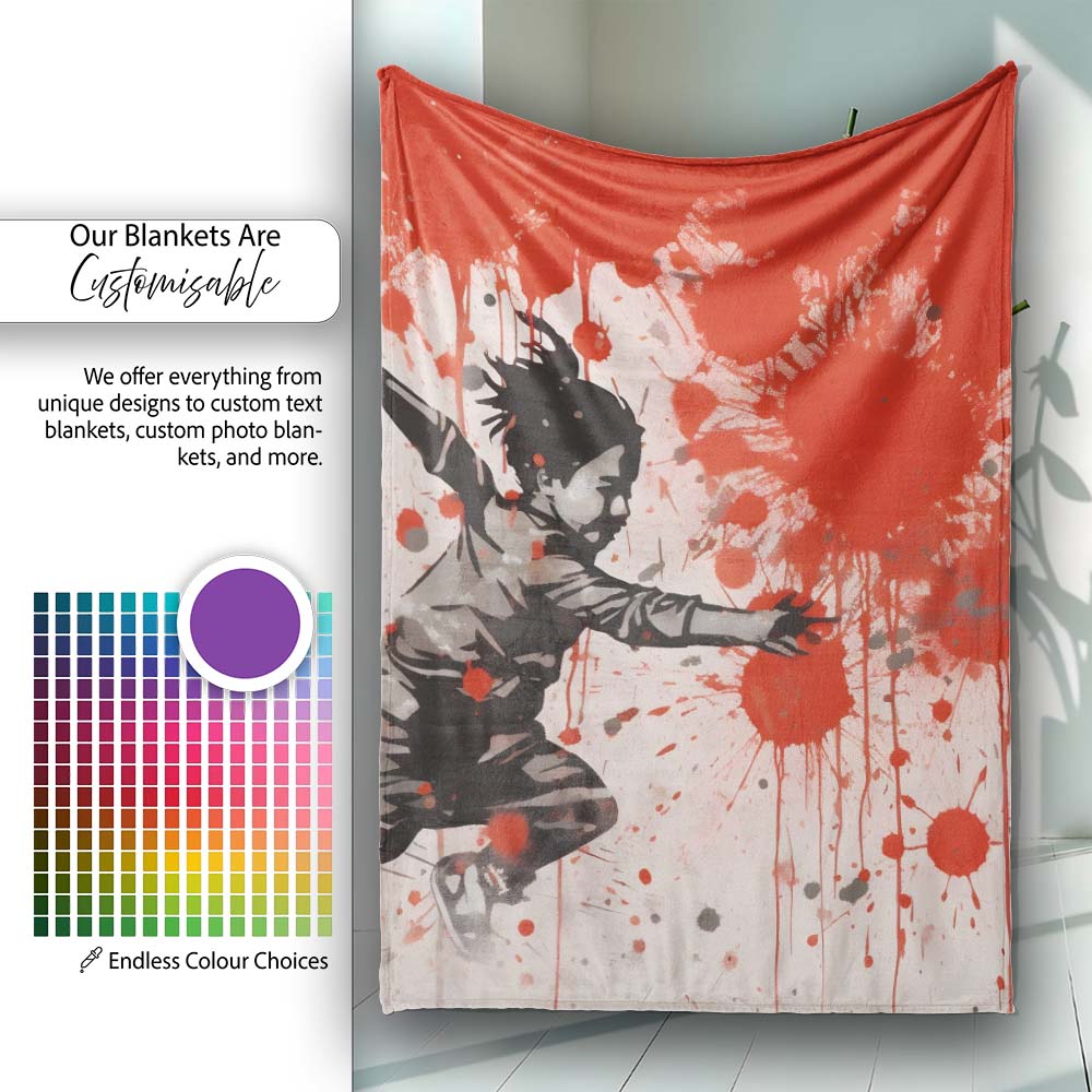 Running Child with Red Paint Splatter Street Art, All Season Comfort, Gift for Adults and Teens - Super Soft Fleece Blanket Bed Sofa Throw