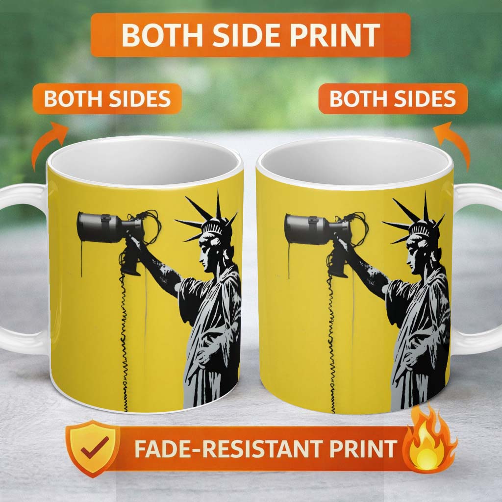Statue of Liberty Holding Megaphone Graffiti 11oz Ceramic Coffee Tea Mug White Large Handle