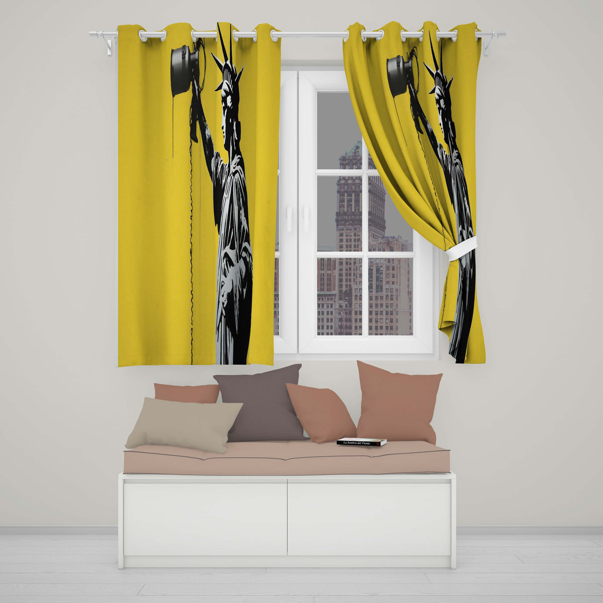 Statue of Liberty Holding Megaphone Graffiti Expressive Artwork for Bedroom Decor Readymade Eyelet Ring Top Thermal 100% Blackout Curtains