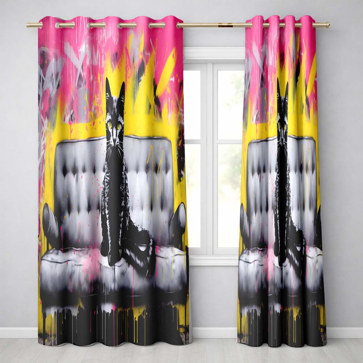 Black Cat on Modern Sofa Colour Splash Expressive Creative Artwork for Home Decor Readymade Eyelet Ring Top Thermal 100% Blackout Curtains