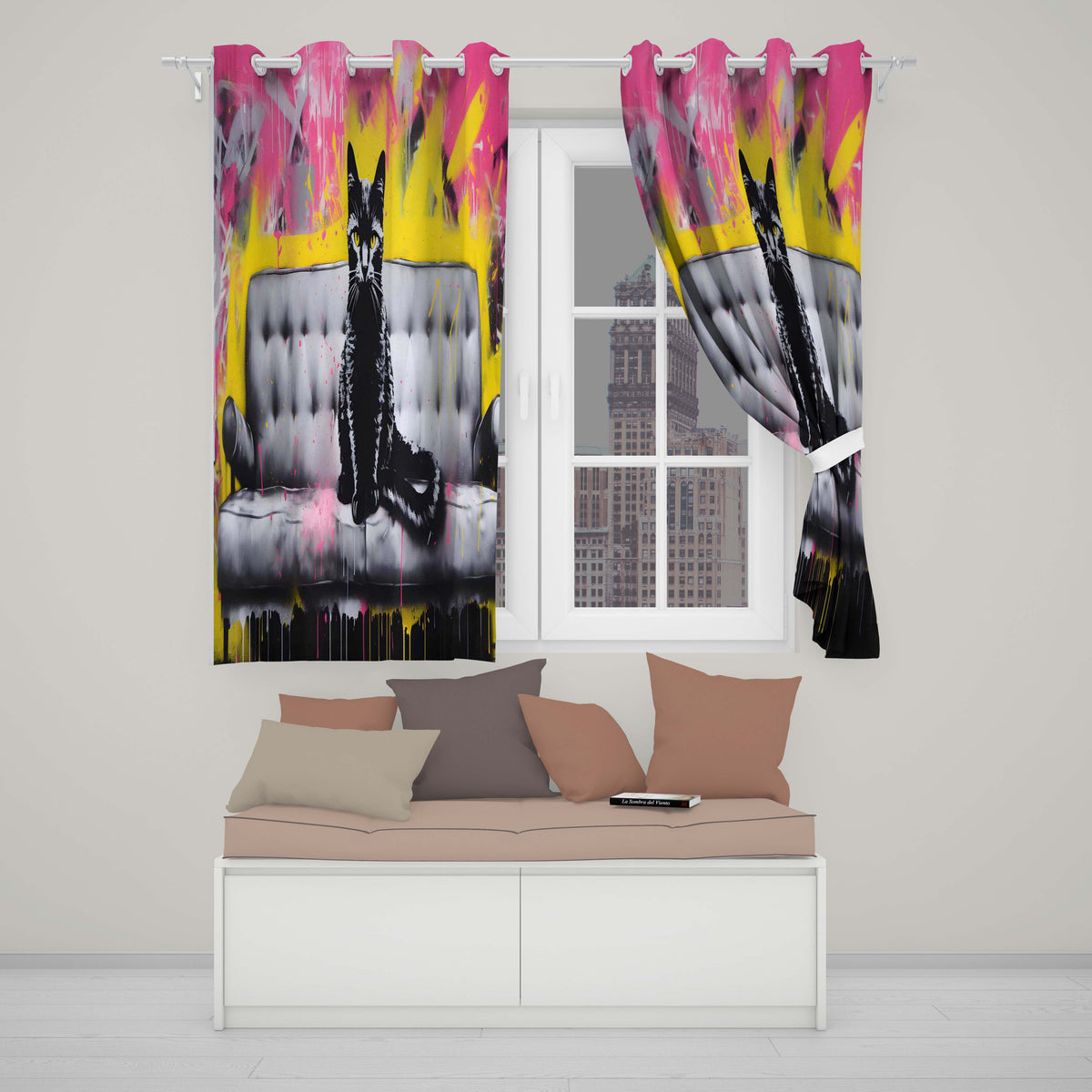 Black Cat on Modern Sofa Colour Splash Expressive Creative Artwork for Home Decor Readymade Eyelet Ring Top Thermal 100% Blackout Curtains