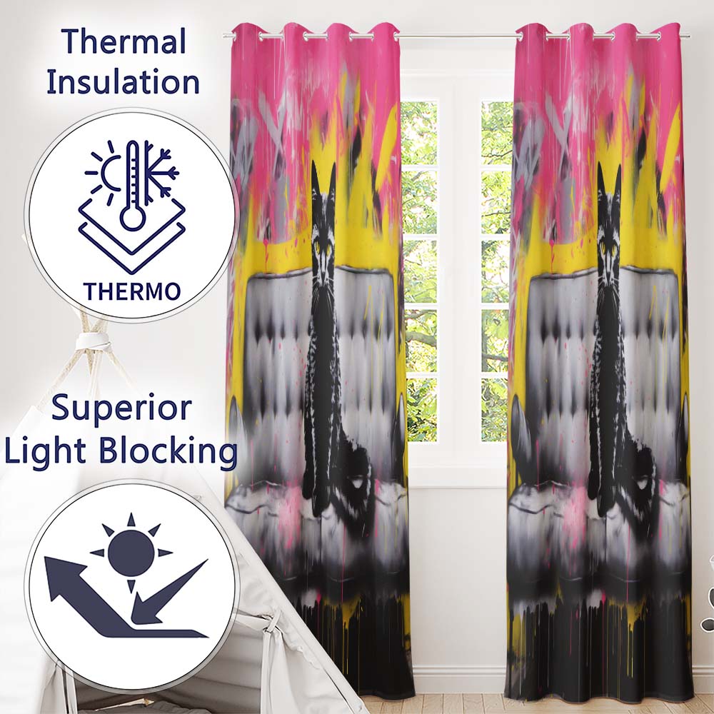 Black Cat on Modern Sofa Colour Splash Expressive Creative Artwork for Home Decor Readymade Eyelet Ring Top Thermal 100% Blackout Curtains