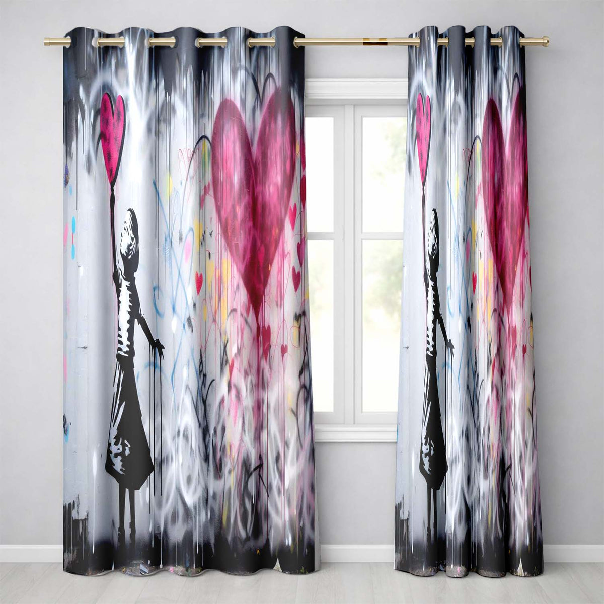 Girl Reaching for Pink Heart Balloon Street Art Vibrant Artwork for Bedroom Decor Readymade Eyelet Ring Top Thermal 100% Blackout Curtains