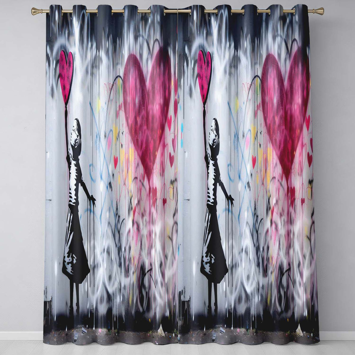 Girl Reaching for Pink Heart Balloon Street Art Vibrant Artwork for Bedroom Decor Readymade Eyelet Ring Top Thermal 100% Blackout Curtains