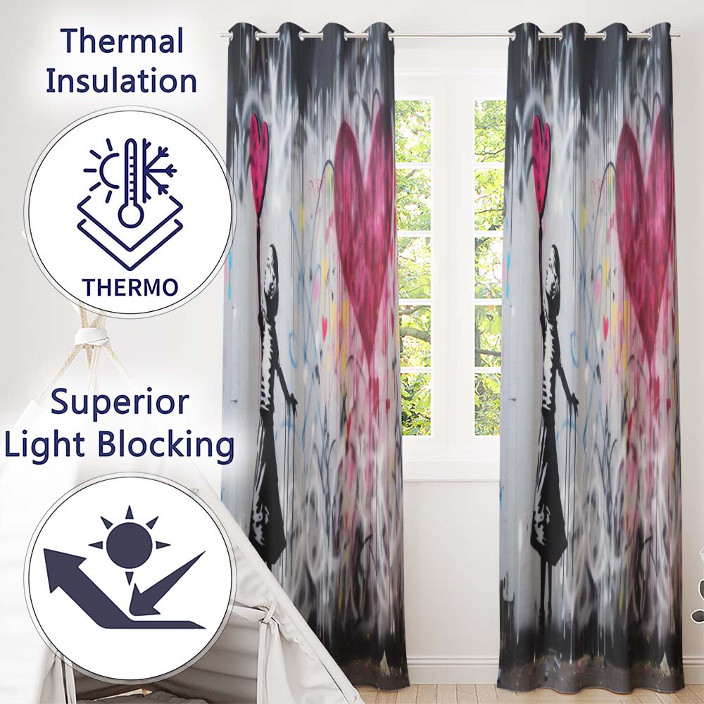 Girl Reaching for Pink Heart Balloon Street Art Vibrant Artwork for Bedroom Decor Readymade Eyelet Ring Top Thermal 100% Blackout Curtains
